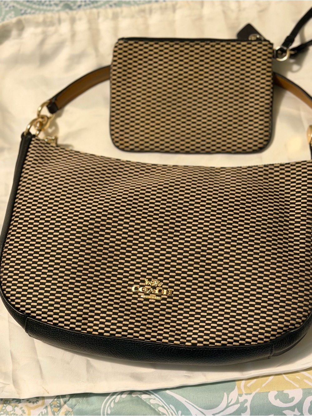 Coach Black and Cream Woven Shoulder Bag with Matching Pouch
